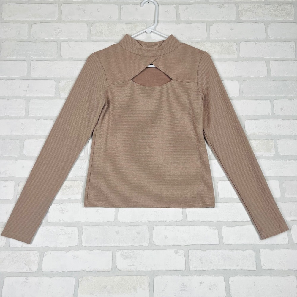 Willow + Root Tan Ribbed Mock Neck Keyhole Cutout Long Sleeve Top Size M‎